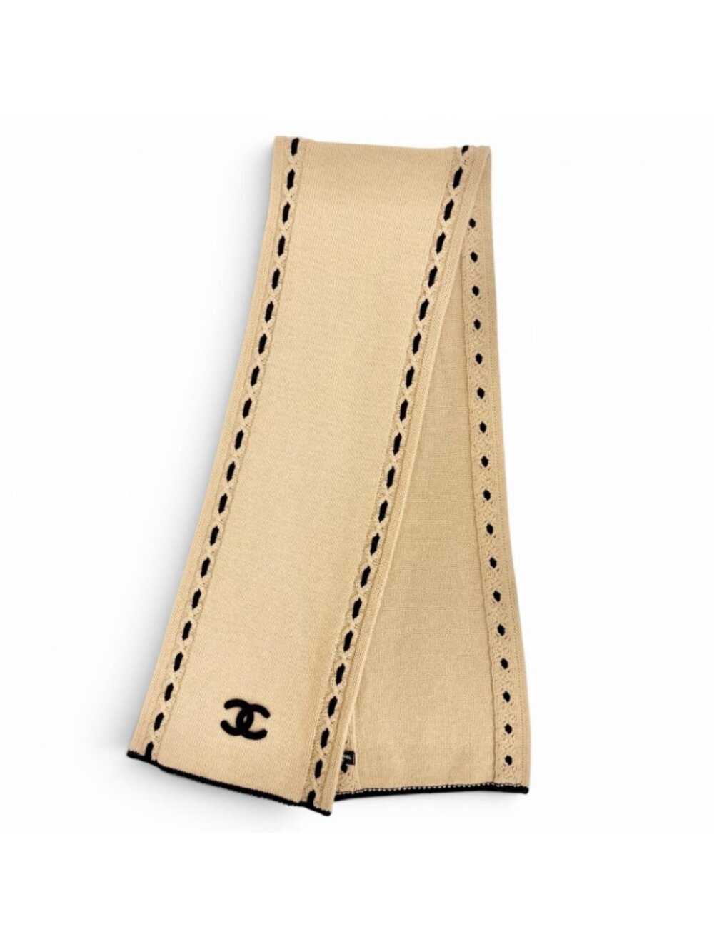 Chanel Cashmere CC Logo Long Scarf Shawl Beige Black - Picture 2 of 8